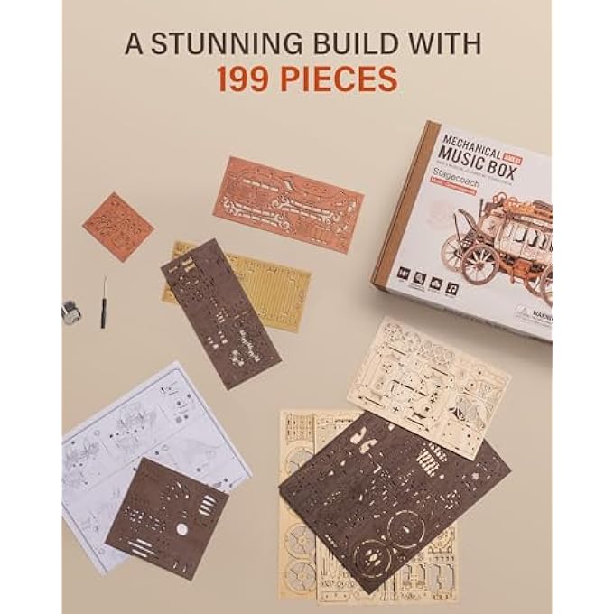 3D WOODEN PUZZLES FOR ADULTS, MUSIC BOX MODEL KITS, MECHANICAL BUILDING CONSTRUCTION CRAFT, LASER CUT JIGSAW, BIRTHDAY GIFTS FOR TEENS - STAGECOACH - Image 3